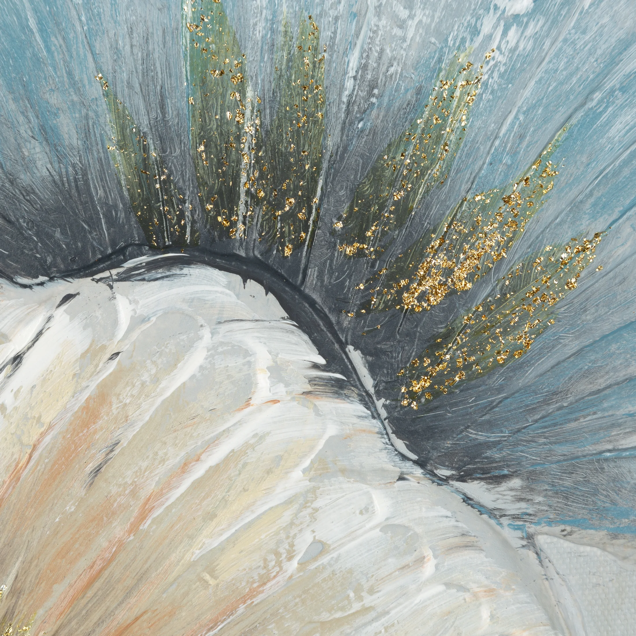 Obraz roślinny beżowo, niebieski ręcznie malowany na płótnie liście miłorzębu 50x70 cm GINKO 1 Eurofirany