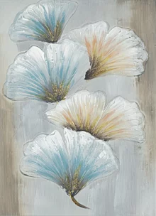 Obraz roślinny beżowo, niebieski ręcznie malowany na płótnie z motywem liści miłorzębu 50x70 cm GINKO 2 Eurofirany