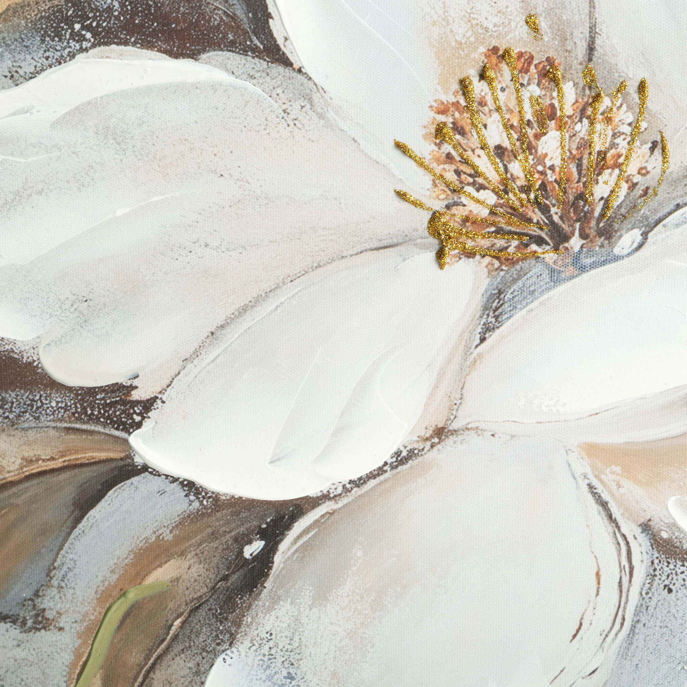 Obraz kremowo, beżowy ręcznie malowane magnolie na płótnie z błyszczącymi akcentami 100x70 cm Eurofirany
