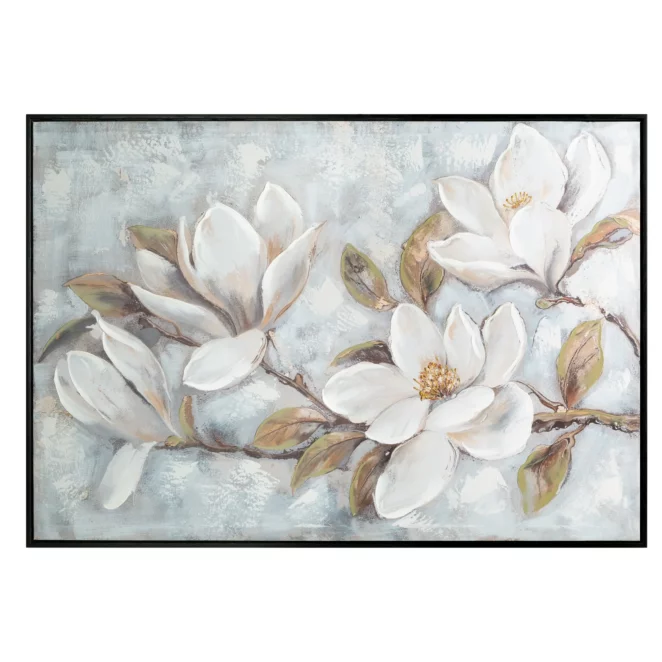 Obraz kremowo, beżowy ręcznie malowane magnolie na płótnie z błyszczącymi akcentami 100x70 cm Eurofirany