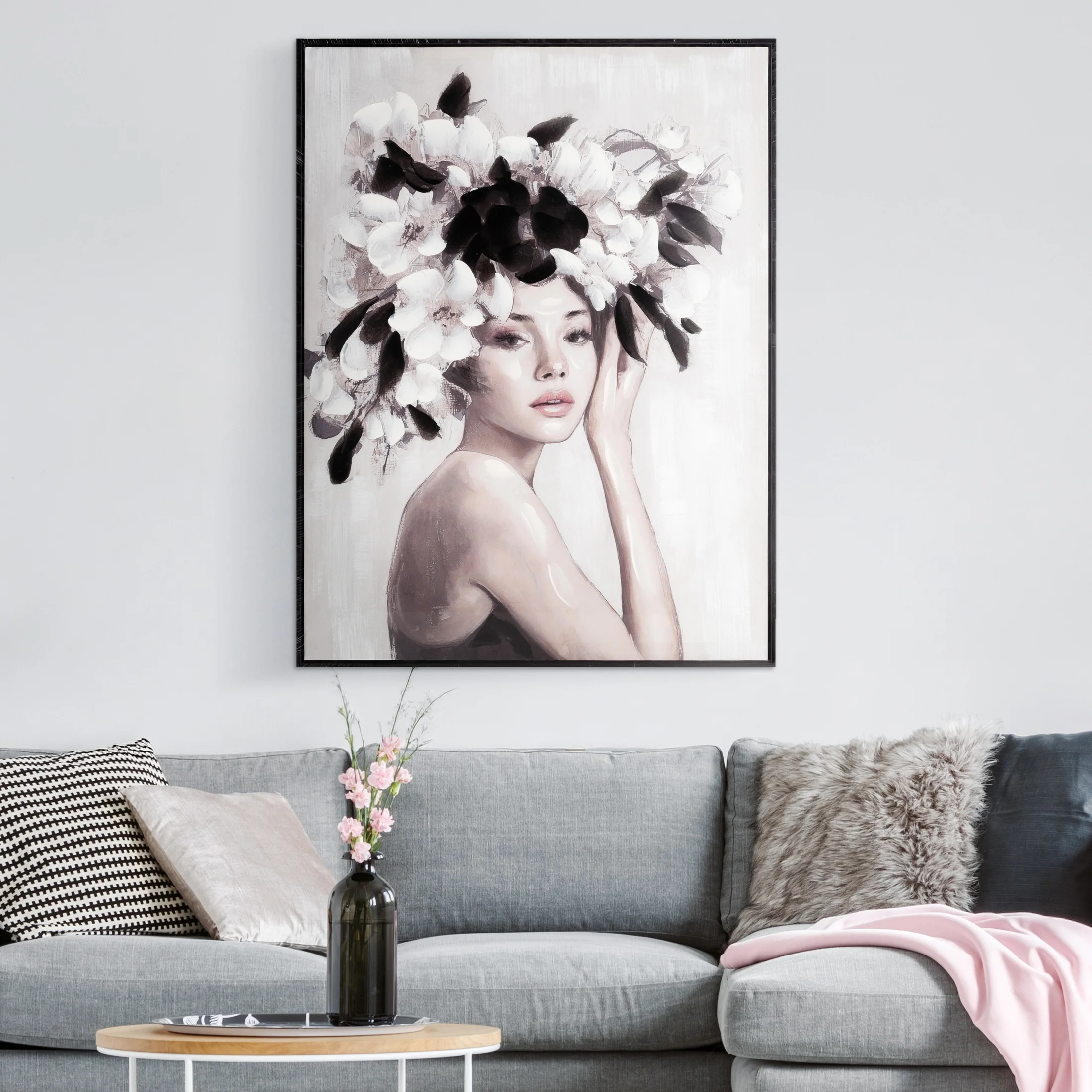 Obraz kremowo, czarny ręcznie malowanej kobiety z kwiatami na płótnie 60x80 cm Eurofirany