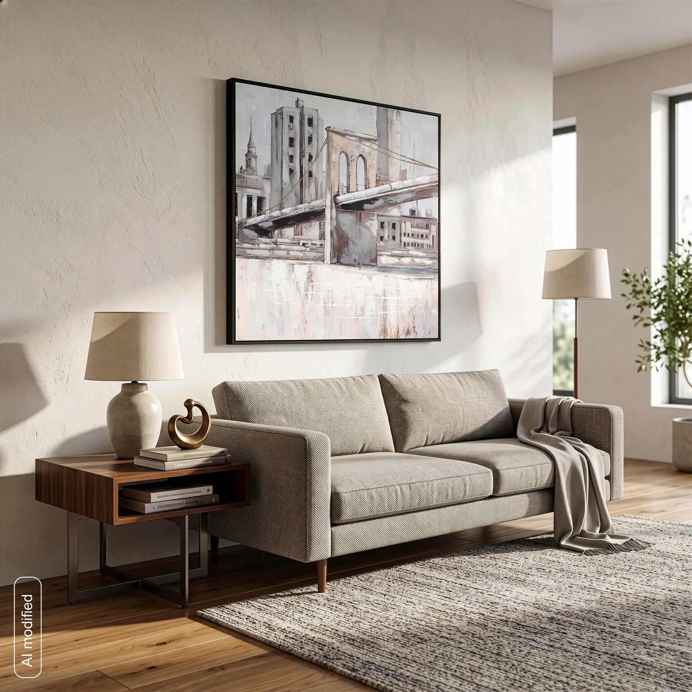Obraz kremowo-jasnobeżowy ręcznie malowany na płótnie przedstawiający panoramę miejską 80x80 cm Eurofirany