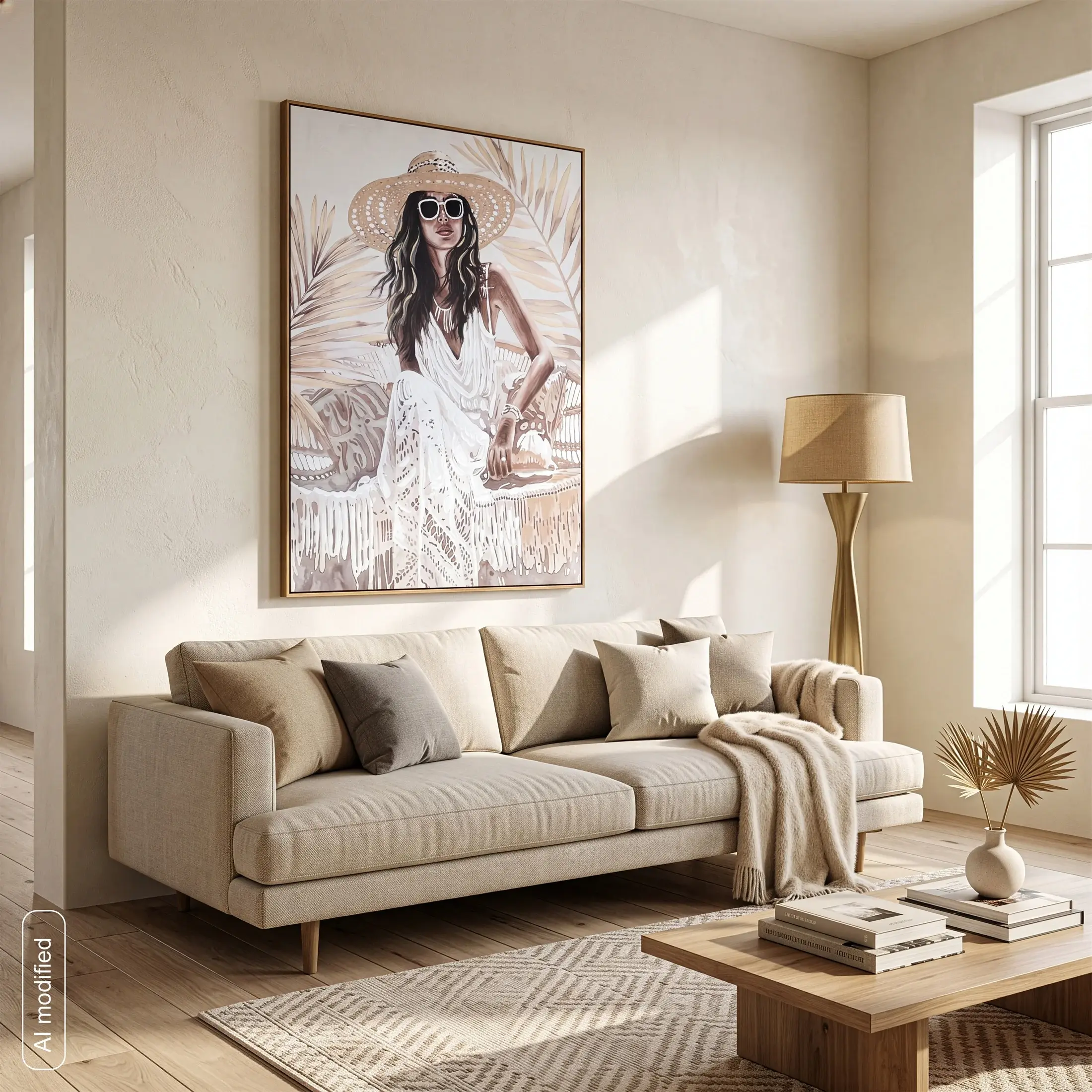 Obraz kremowo-jasnobrązowy ręcznie malowany na płótnie eleganckiej kobiety w kapeluszu 90x120 cm Eurofirany