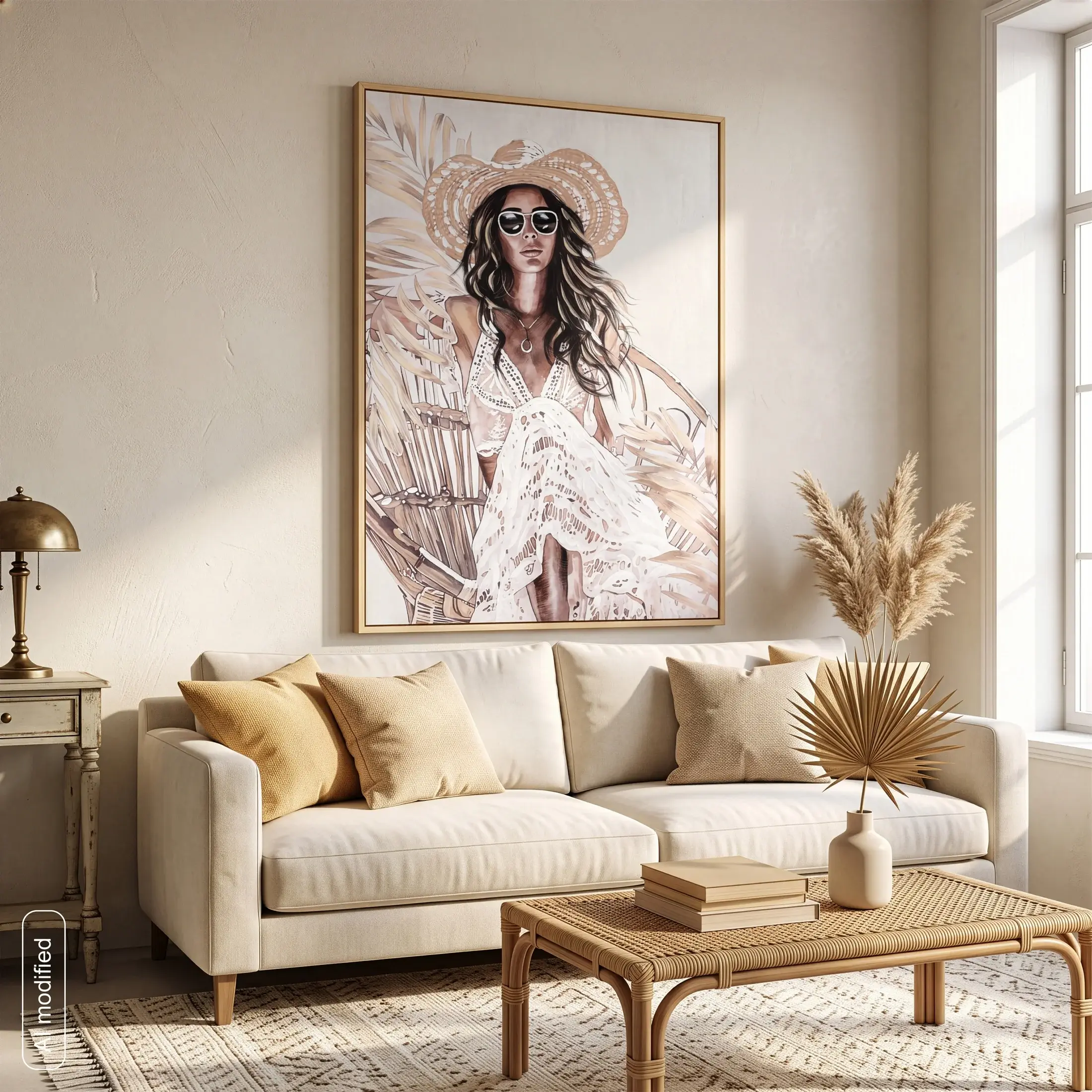 Obraz kremowo-jasnobrązowy ręcznie malowany na płótnie eleganckiej kobiety w kapeluszu 90x120 cm Eurofirany