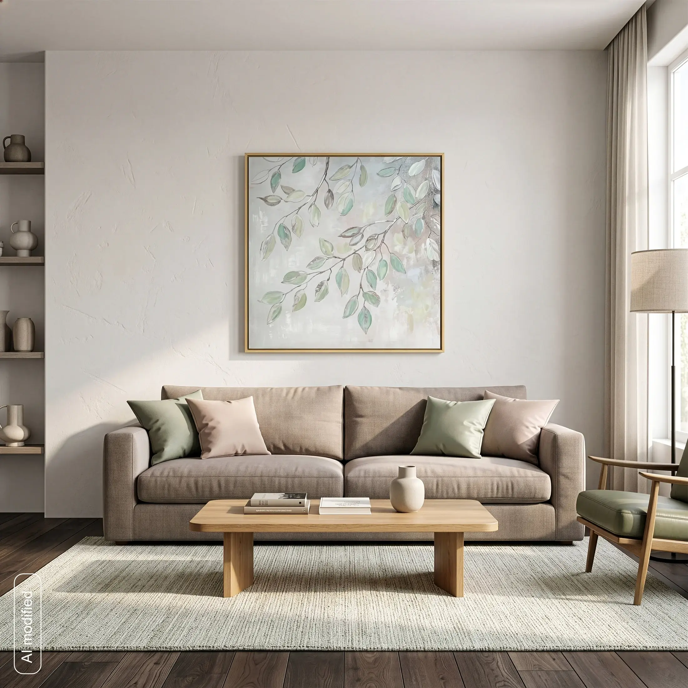 Obraz kremowo-jasnozielony ręcznie malowany na płótnie z motywem roślinnym 60x60 cm Eurofirany