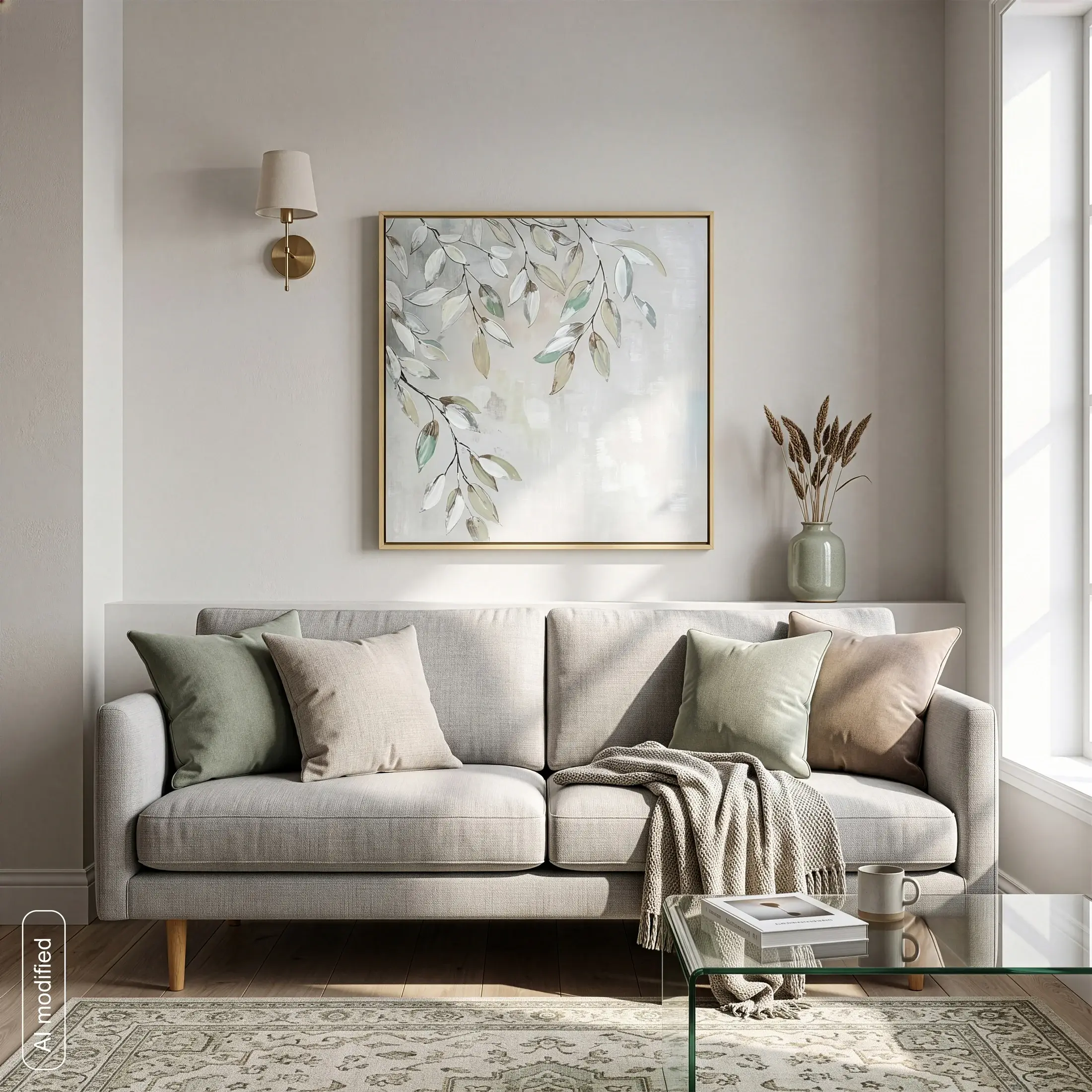 Obraz kremowo-jasnozielony ręcznie malowany na płótnie z motywem roślinnym 60x60 cm Eurofirany