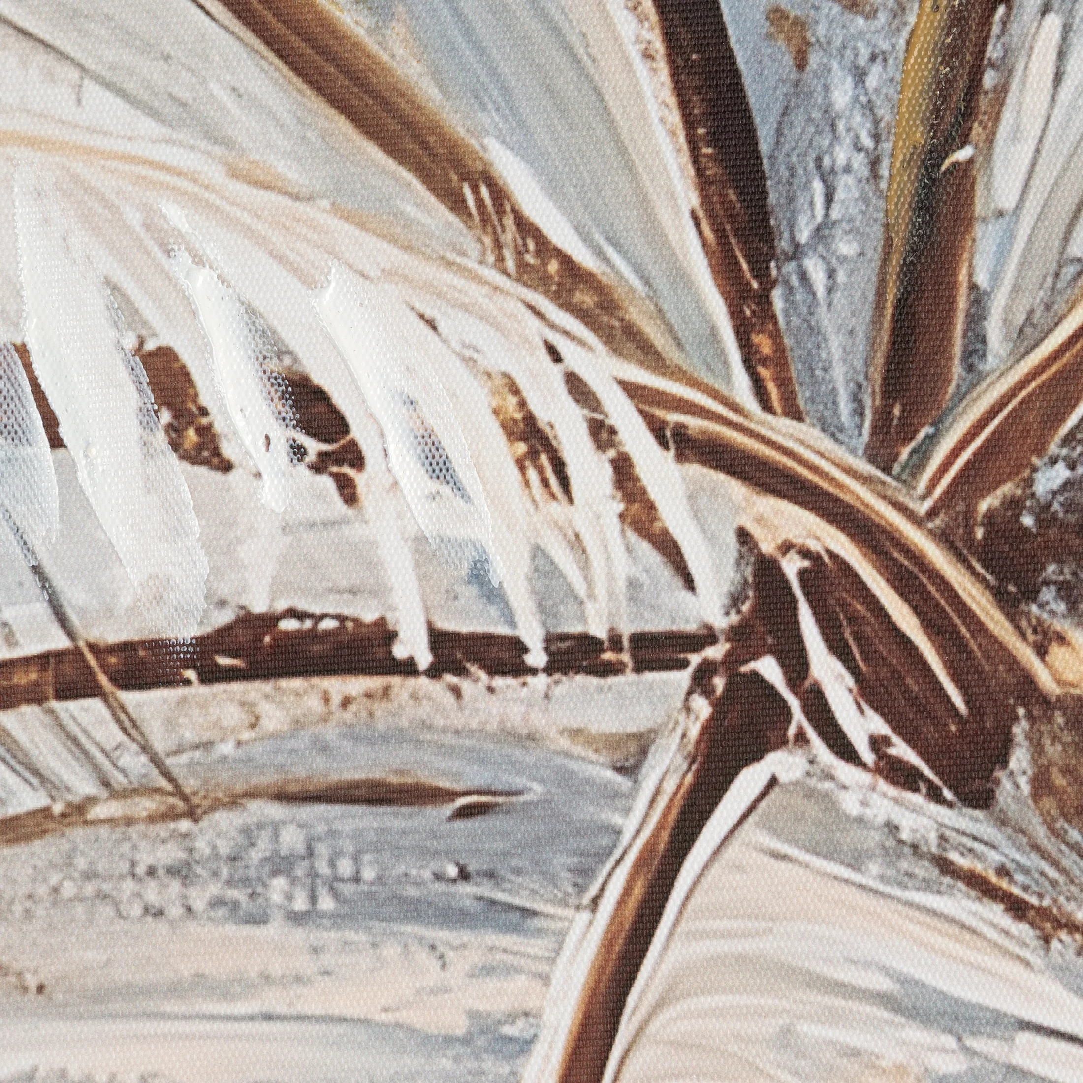 Obraz kremowo-popielaty ręcznie malowany na płótnie z motywem egzotycznych liści palm 60x90 cm Eurofirany