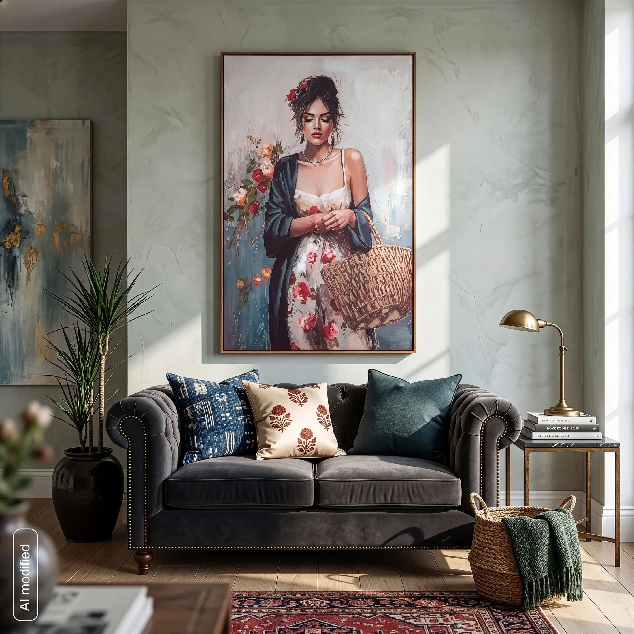 Obraz kremowo-różowy ręcznie malowany na płotnie kobiety 80x120 cm Eurofirany