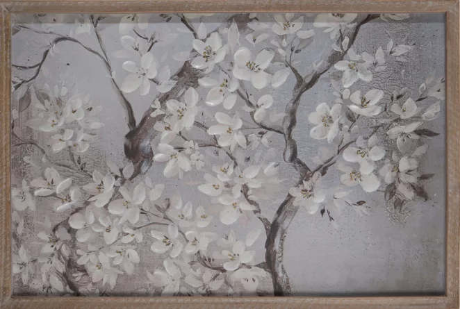 Obraz roślinny beżowo, biały ręcznie malowany oprawiony w drewnianą ramę 60x40 cm