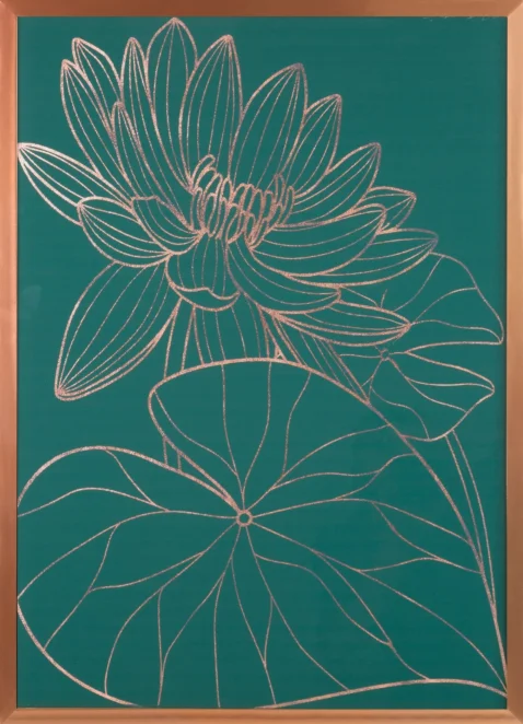 Obraz kwiatowy zielony z różowego złota z błyszczącym nadrukiem w miedzianej ramie 53x73 cm SALVIA 5 LIMITED COLLECTION