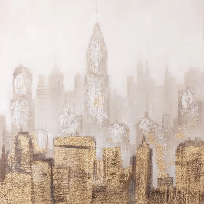 Obraz miasta beżowo, złoty ręcznie malowany na płótnie 80x80 cm METROPOLIS 1  Eurofirany