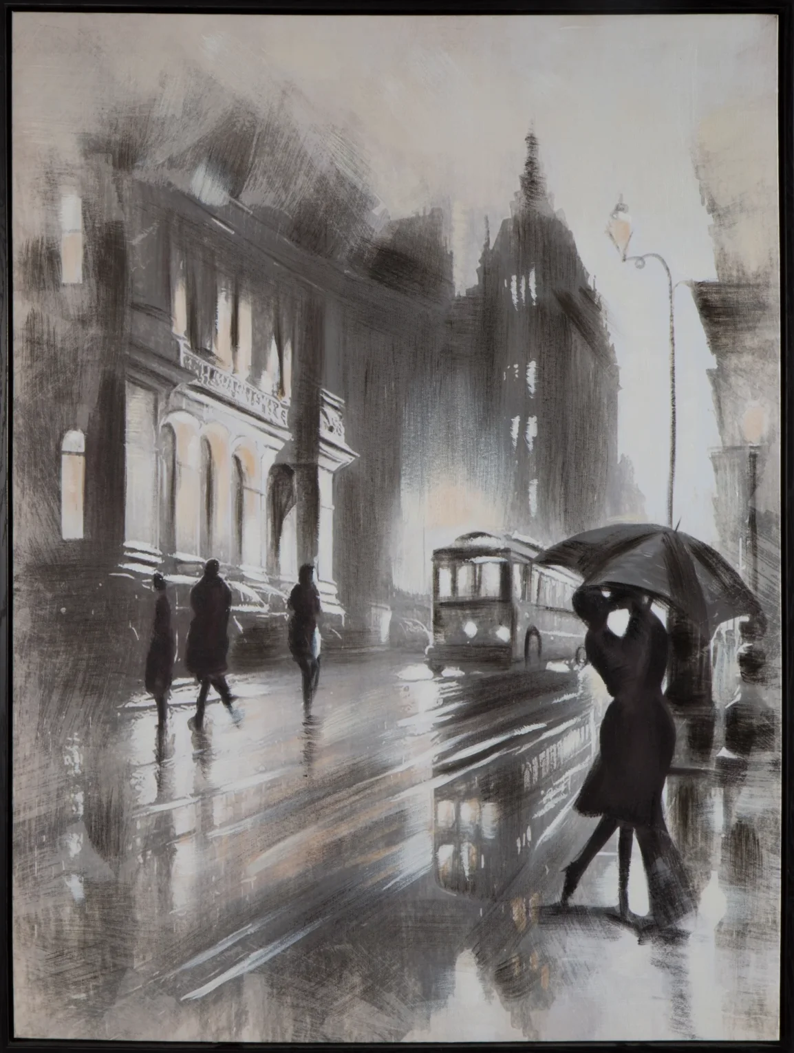 Obraz miasta biało, popielaty ręcznie malowany na płótnie oprawiony w ramę 60x80 cm UMBRELLA