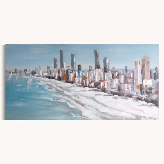 Obraz miasto niebiesko, biały ręcznie malowany na płótnie 140x70 cm  Eurofirany