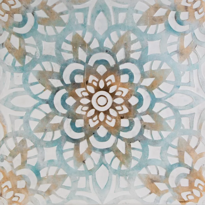 Obraz abstrakcja niebiesko, pomarańczowy ręcznie malowany na płótnie akcent folkloru 80x80 cm ORAMENTS