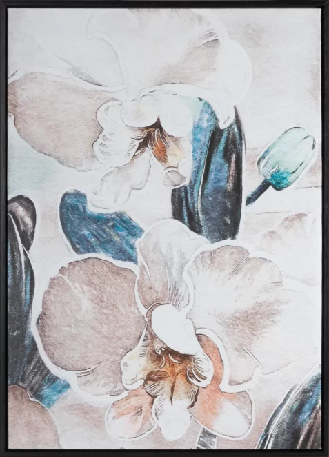 Obraz z kwiatami beżowo, turkusowy nadruk delikatnych storczyków na płótnie oprawiony w ramę 50x70 cm