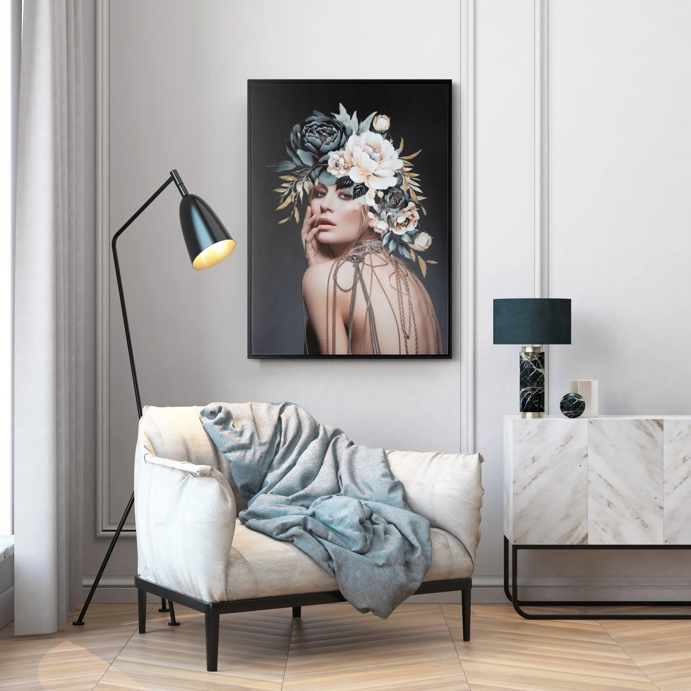 Obraz postaci ciemnoszaro, beżowy nadruk na płótnie z wykończeniem lustrzanym 60x80 cm Eurofirany