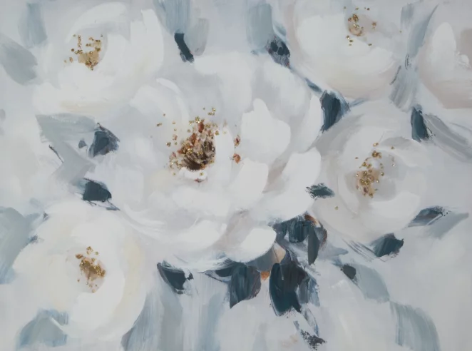 Obraz kwiatowy biało, jasnoniebieski ręcznie malowany na płótnie 80x60 cm  Eurofirany