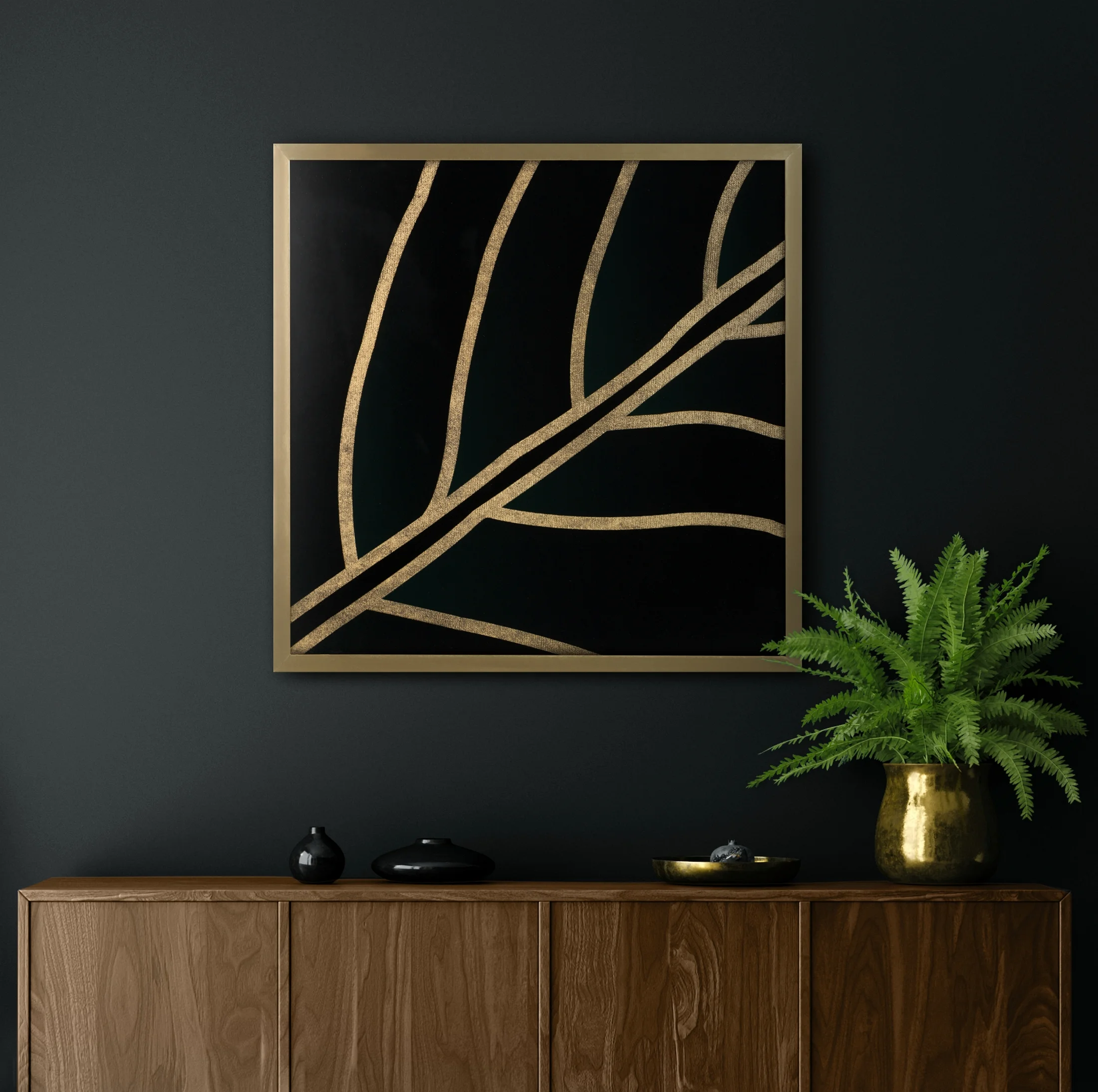 Obraz roślinny czarny ze złocistym nadrukiem w złotej ramie 53x53 cm LILI 3 LIMITED COLLECTION