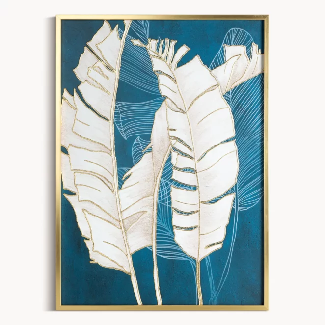 Obraz roślinny turkusowo, złoty nadruk na płótnie z motywem liści bananowca 50x70 cm  Eurofirany