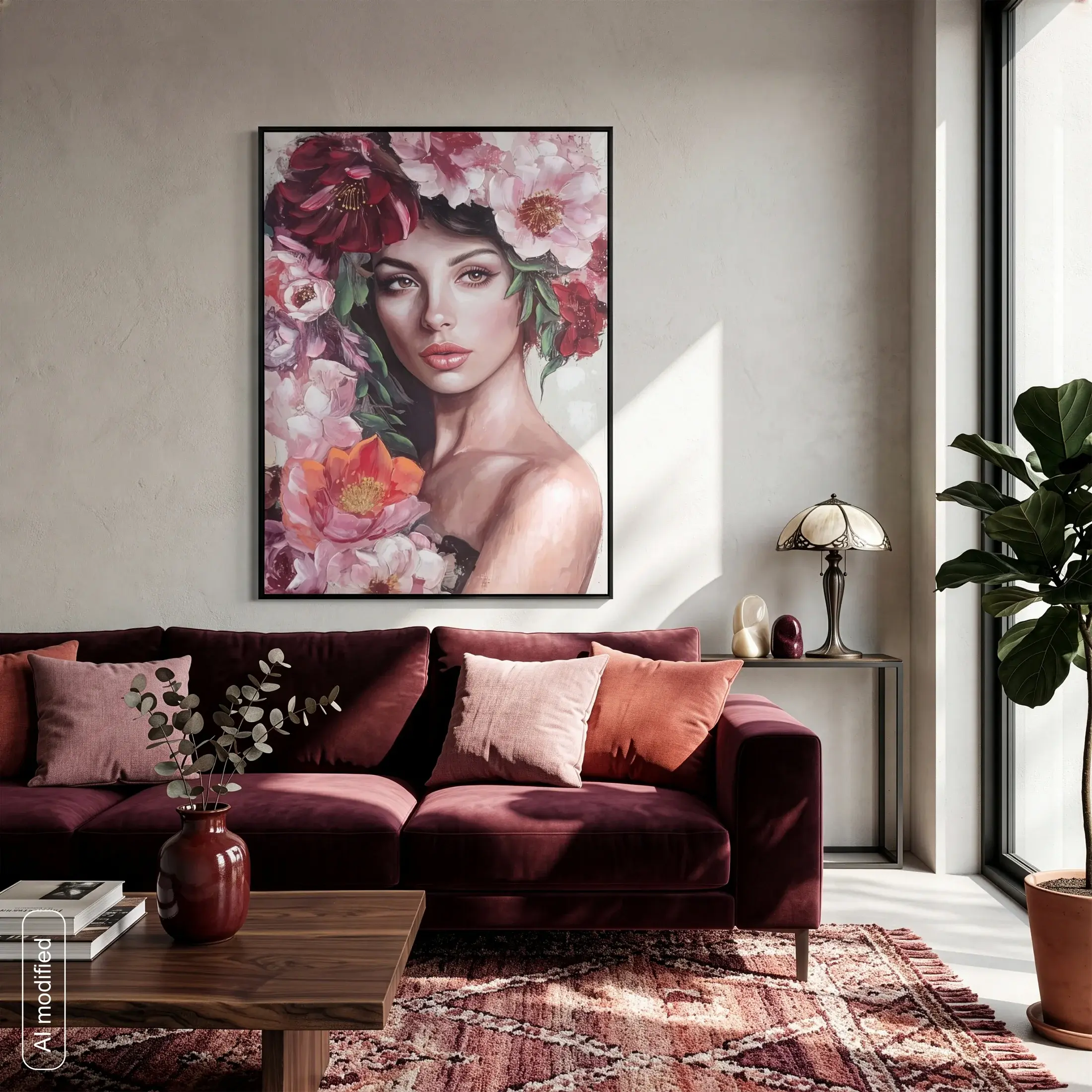 Obraz różowo-jasnobrązowy ręcznie malowany na płótnie portret kobiety z kwiatami 70x100 cm Eurofirany