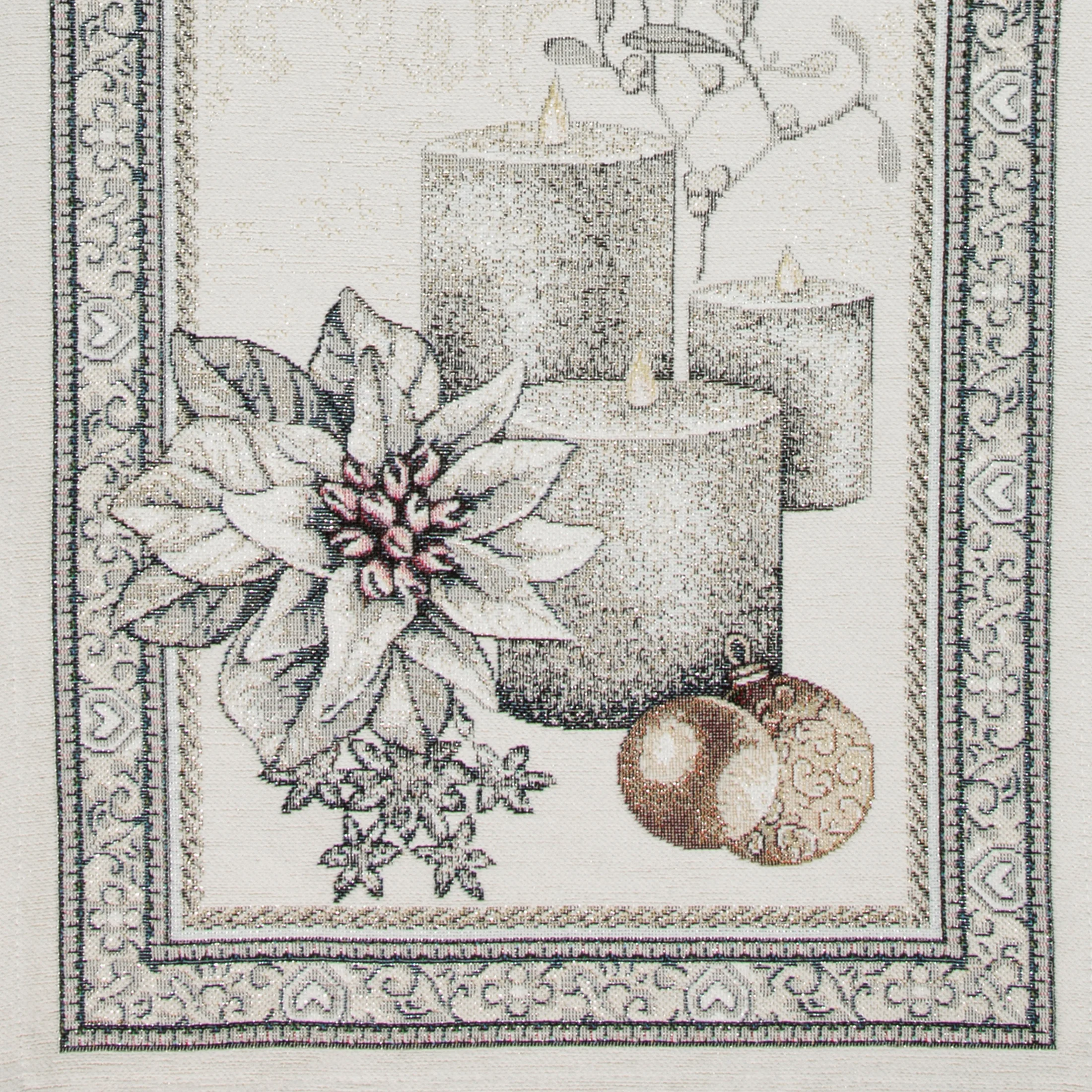 Obrus popielato, srebrny 140x260 cm gobelinowy CANDL z mieszanki włókien zdobiony wzorem świątecznym