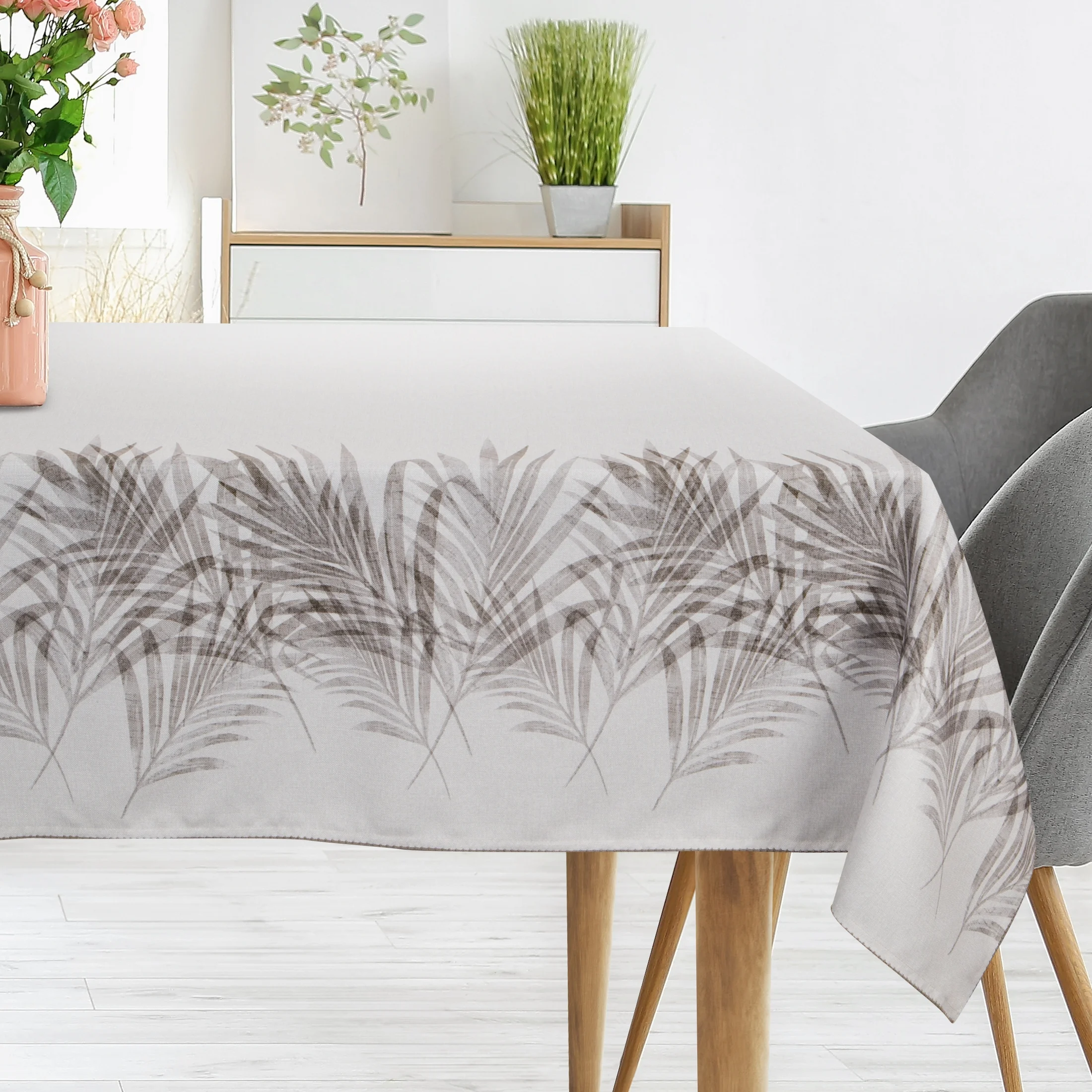 Obrus naturalno, stalowy 160x240 cm INES z nadrukowanym motywem liści palmowych