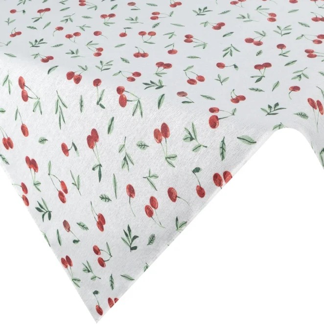 Obrus na stół plamoodporny 85x85 cm biało, czerwony z motywem wiśni - CHERRY Eurofirany