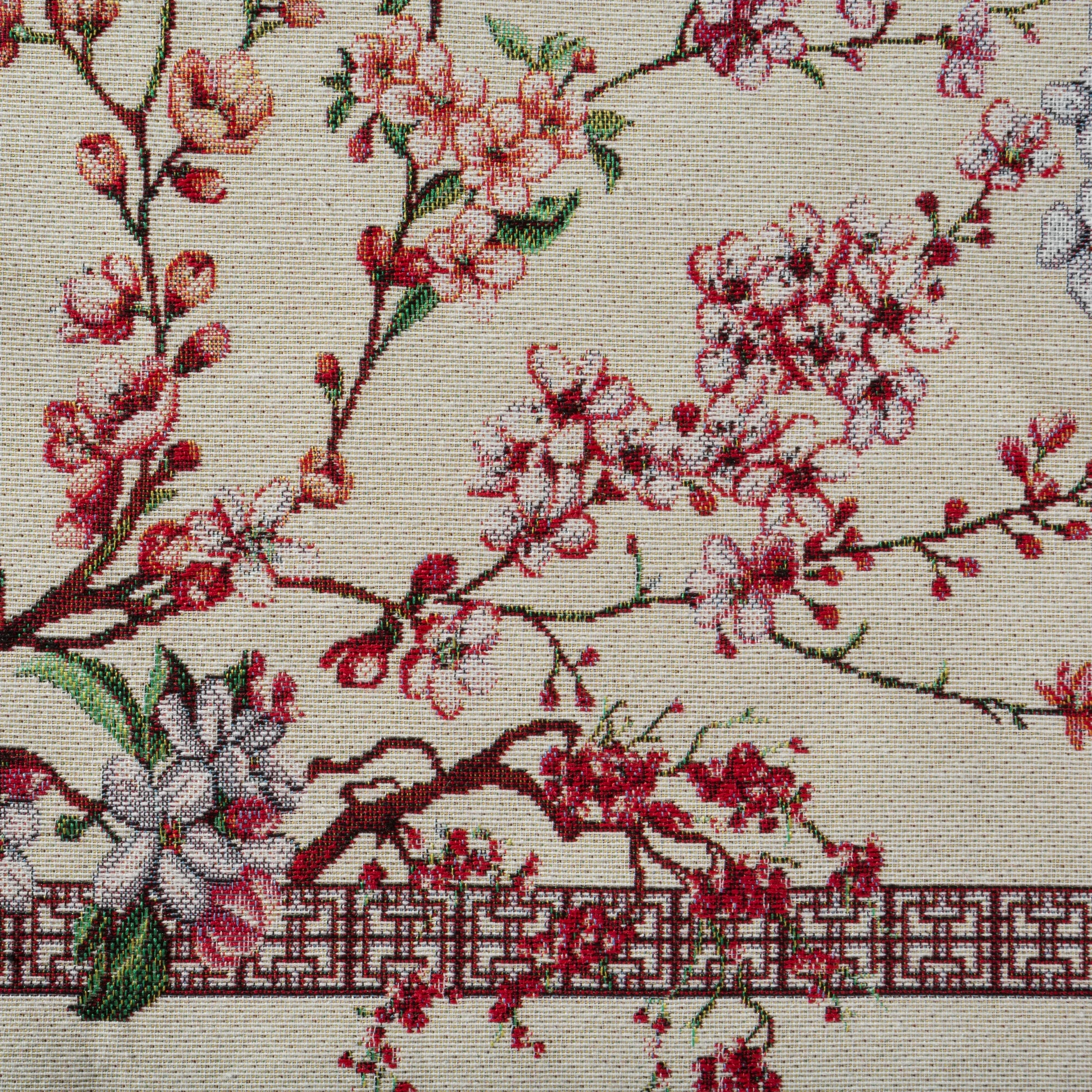 Obrus naturalno, różowy 140x180 cm THAI gobelinowy zdobiony motywem inspirowanym japońskim kwiatem wiśni