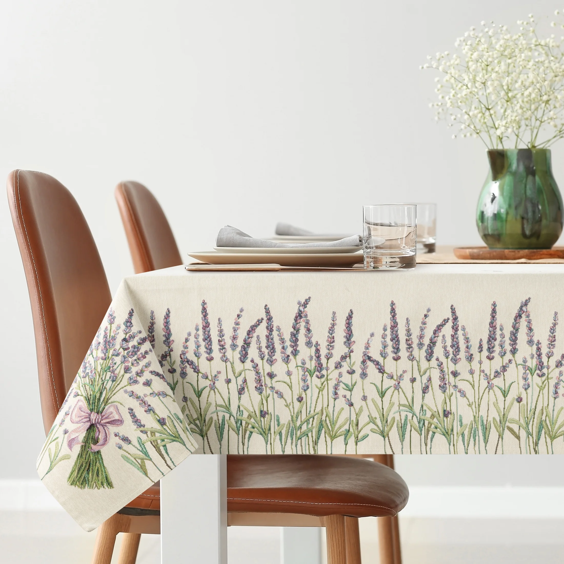 Obrus naturalno, zielony 140x180 cm gobelinowy z tkanym motywem lawendy Eurofirany