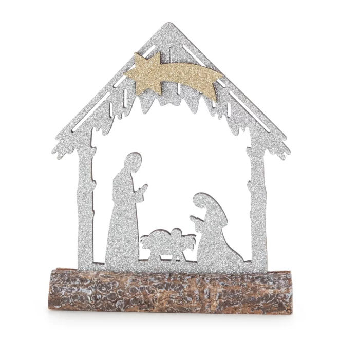 Ozdoba świąteczna szopka Bożonarodzeniowa z datkiem srebrnego brokatu 13x18 cm Eurofirany