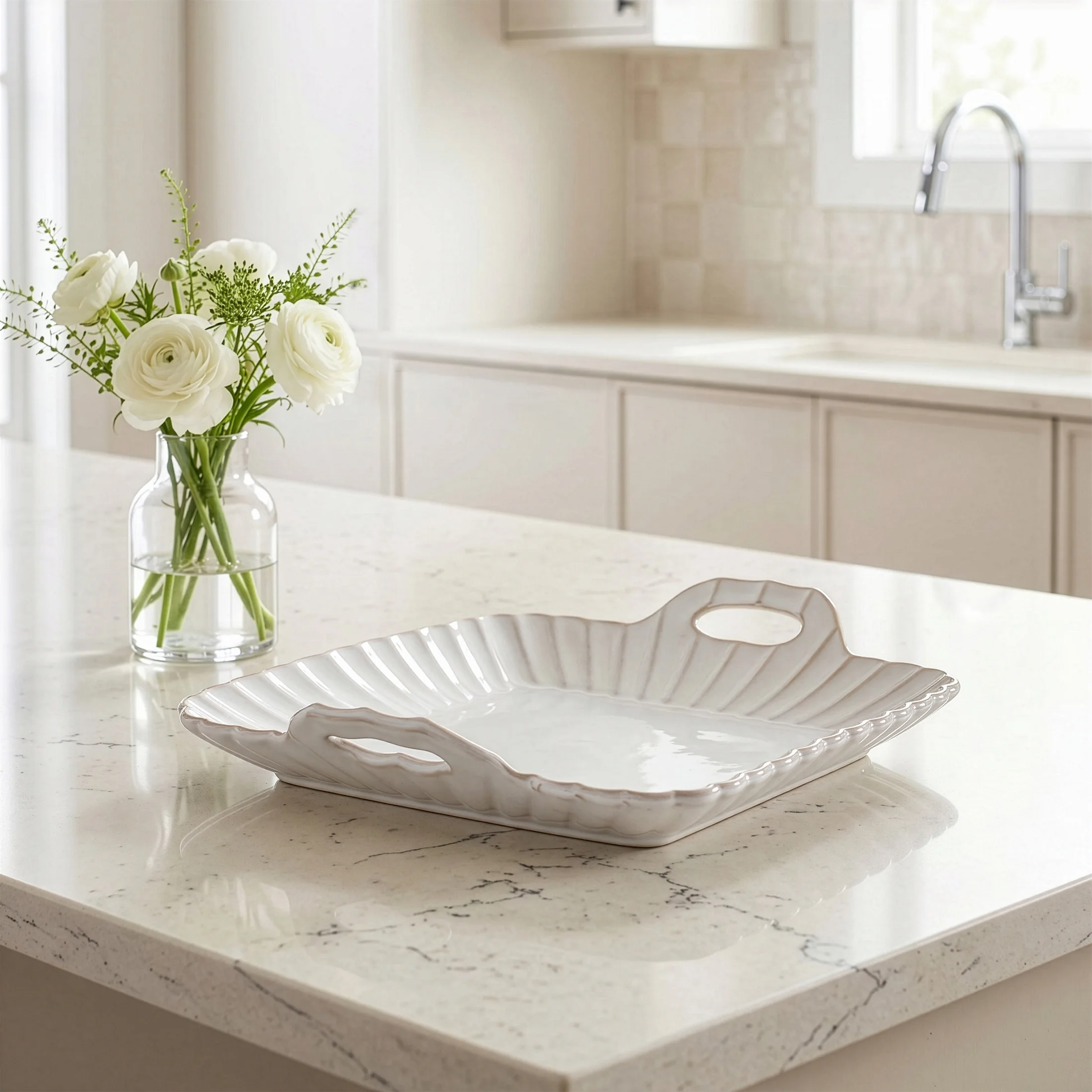 Patera ceramiczna dekoracyjna kremowo-beżowa z praktycznymi uchwytami w stylu eko 20x19x5 cm AVRIL Eurofirany
