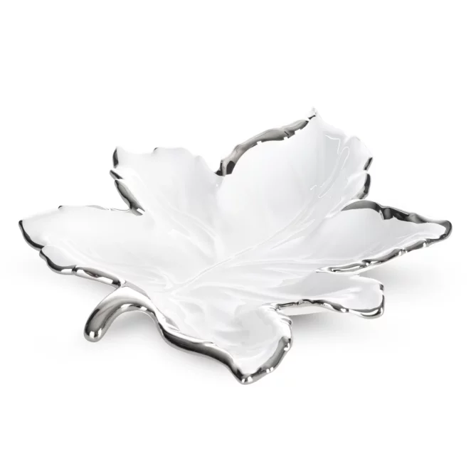 Patera ceramiczna biało-srebrna w kształcie liścia 28x30x5 cm ABBI Eurofirany