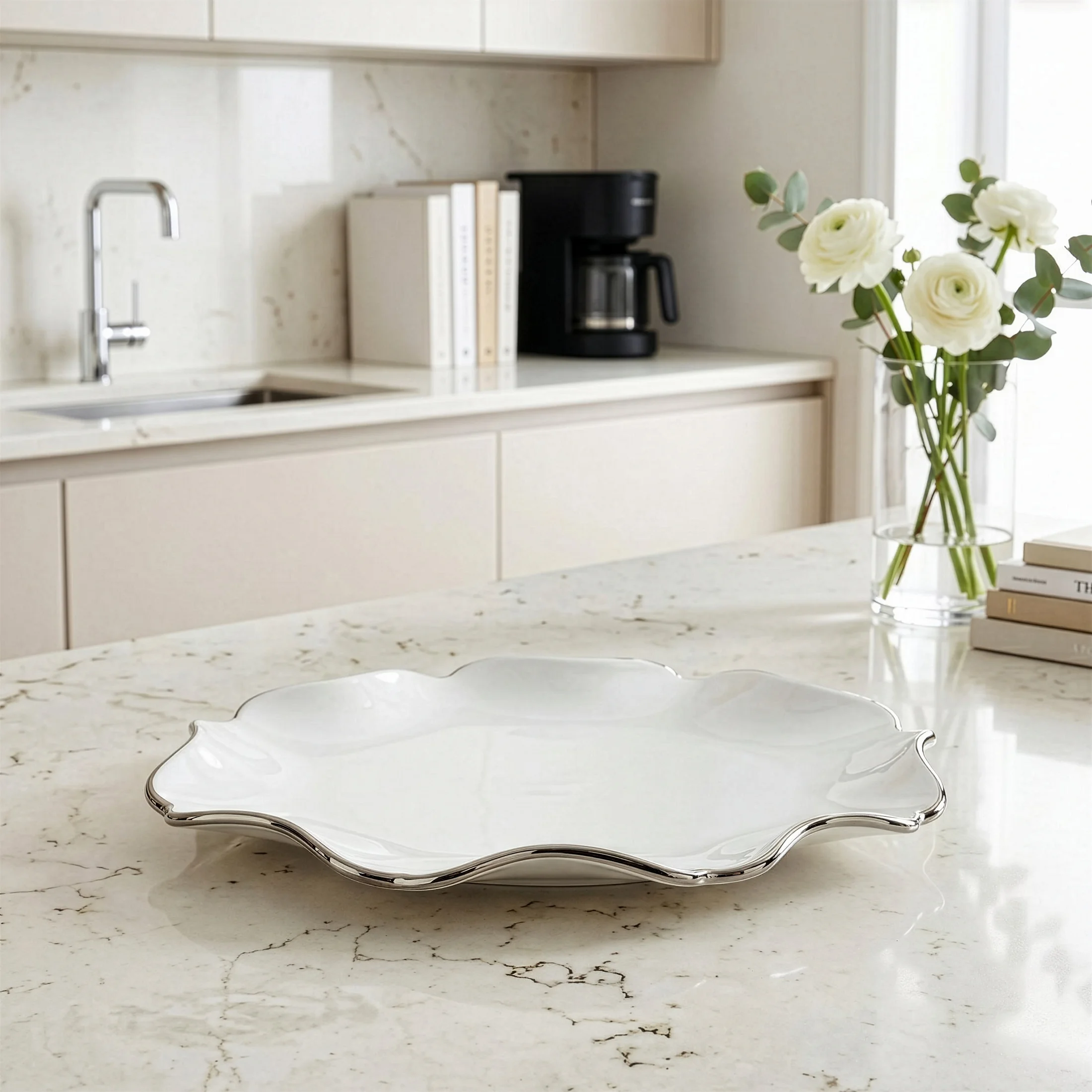 Patera ceramiczna dekoracyjna biało-srebrna o prostokątnym kształcie z efektem przecieranego drzewa 30x16x3 cm AUREN Eurofirany