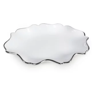 Patera ceramiczna dekoracyjna biało-srebrna o prostokątnym kształcie z efektem przecieranego drzewa 30x16x3 cm AUREN Eurofirany