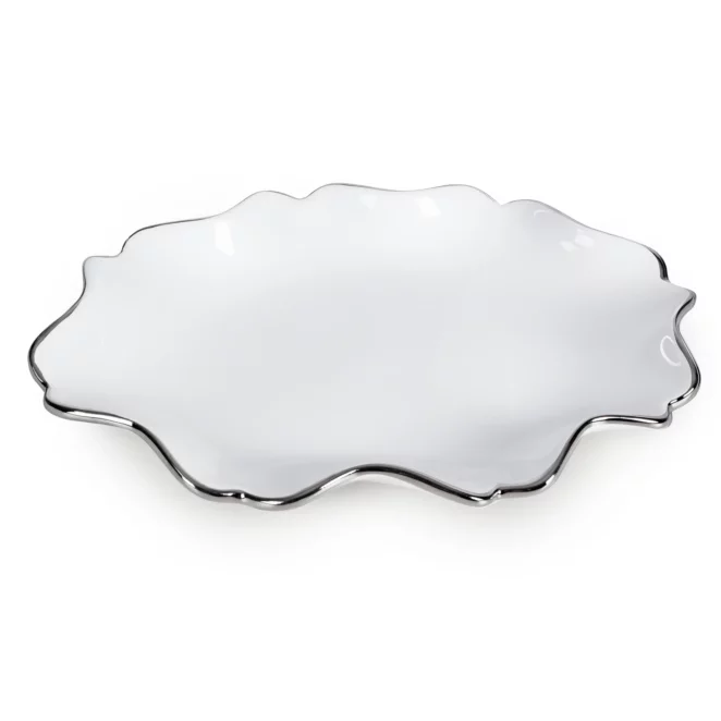 Patera ceramiczna dekoracyjna biało-srebrna o prostokątnym kształcie z efektem przecieranego drzewa 30x16x3 cm AUREN Eurofirany