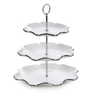 Patera ceramiczna dekoracyjna biało-srebrna trzypiętrowa 30x21x54 cm AUREN Eurofirany