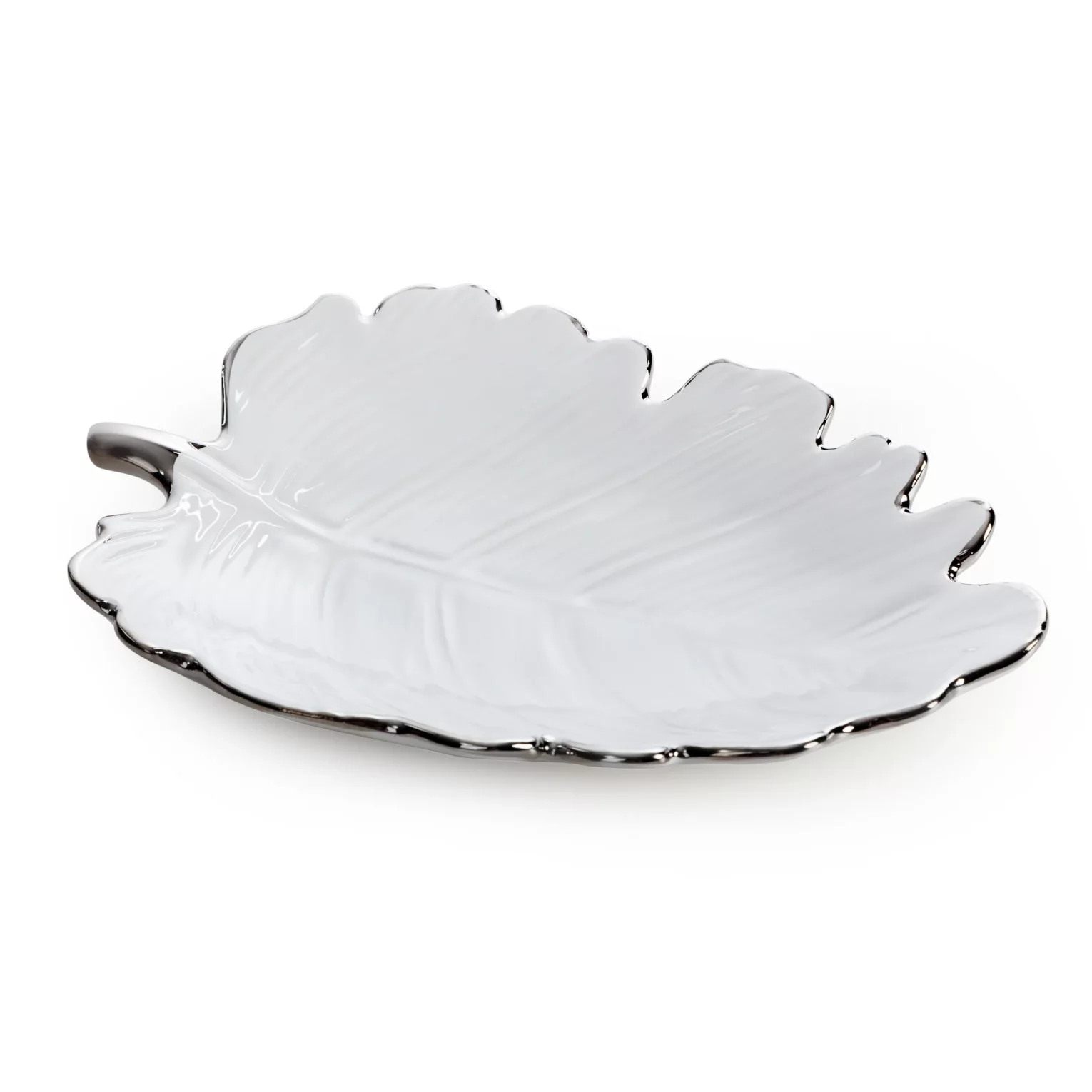 Patera ceramiczna dekoracyjna biało-srebrna w kształcie liścia 20x15x4 cm ALMA 3 Eurofirany