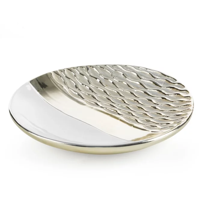 Patera ceramiczna dekoracyjna biało-szampańska zdobiona wytłaczanym wzorem średnica 29x4 cm DOLY Eurofirany