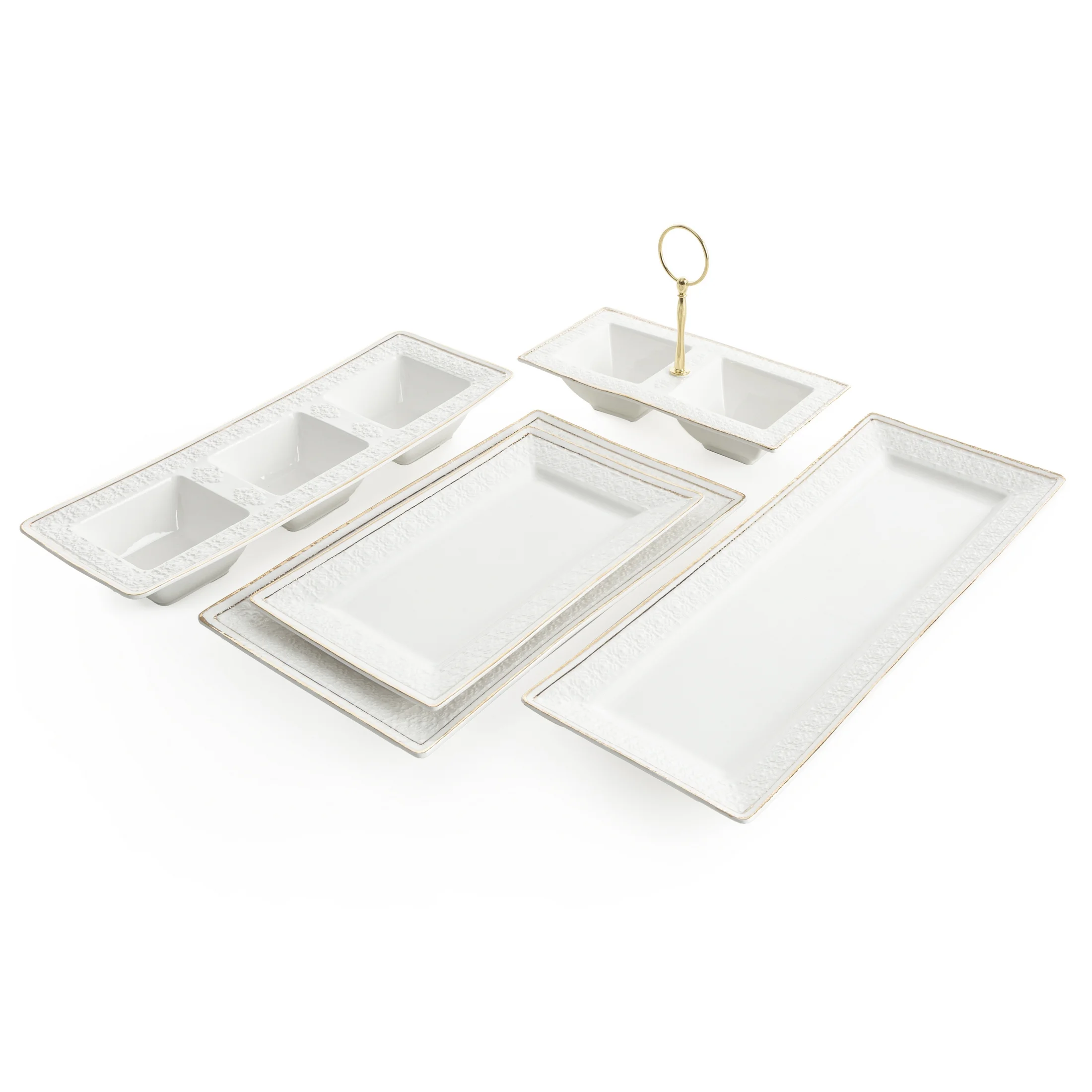 Patera ceramiczna dekoracyjna biało-złota subtelnym wytłaczanym wzorem 39x15x3 cm OLIVIA Eurofirany