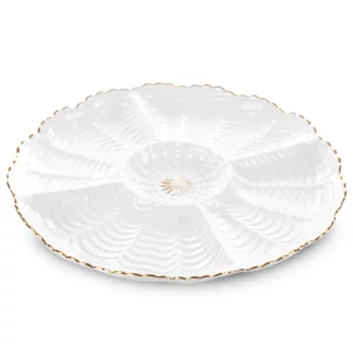 Patera ceramiczna dekoracyjna kremowo-złota z wypukłym wzorem i złotymi akcentami średnica 28x3 cm GAIA Eurofirany