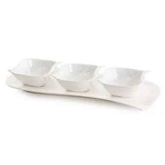 Patera ceramiczna dekoracyjna perłowa komplet z trzema miseczkami z wypukłym wzorem 18x41x6,5 cm NINA Eurofirany