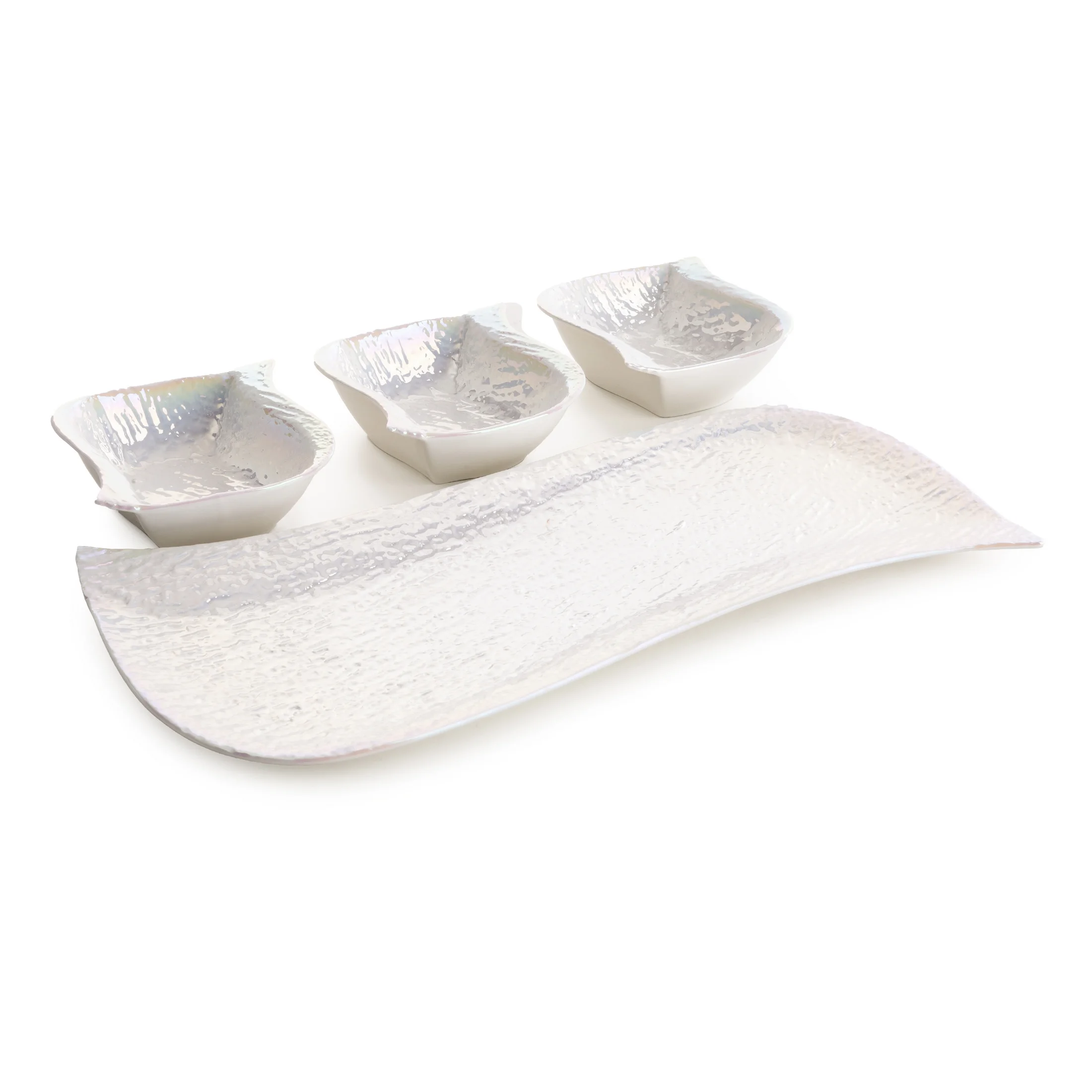 Patera ceramiczna dekoracyjna perłowa komplet z trzema miseczkami z wypukłym wzorem 18x41x6,5 cm NINA Eurofirany