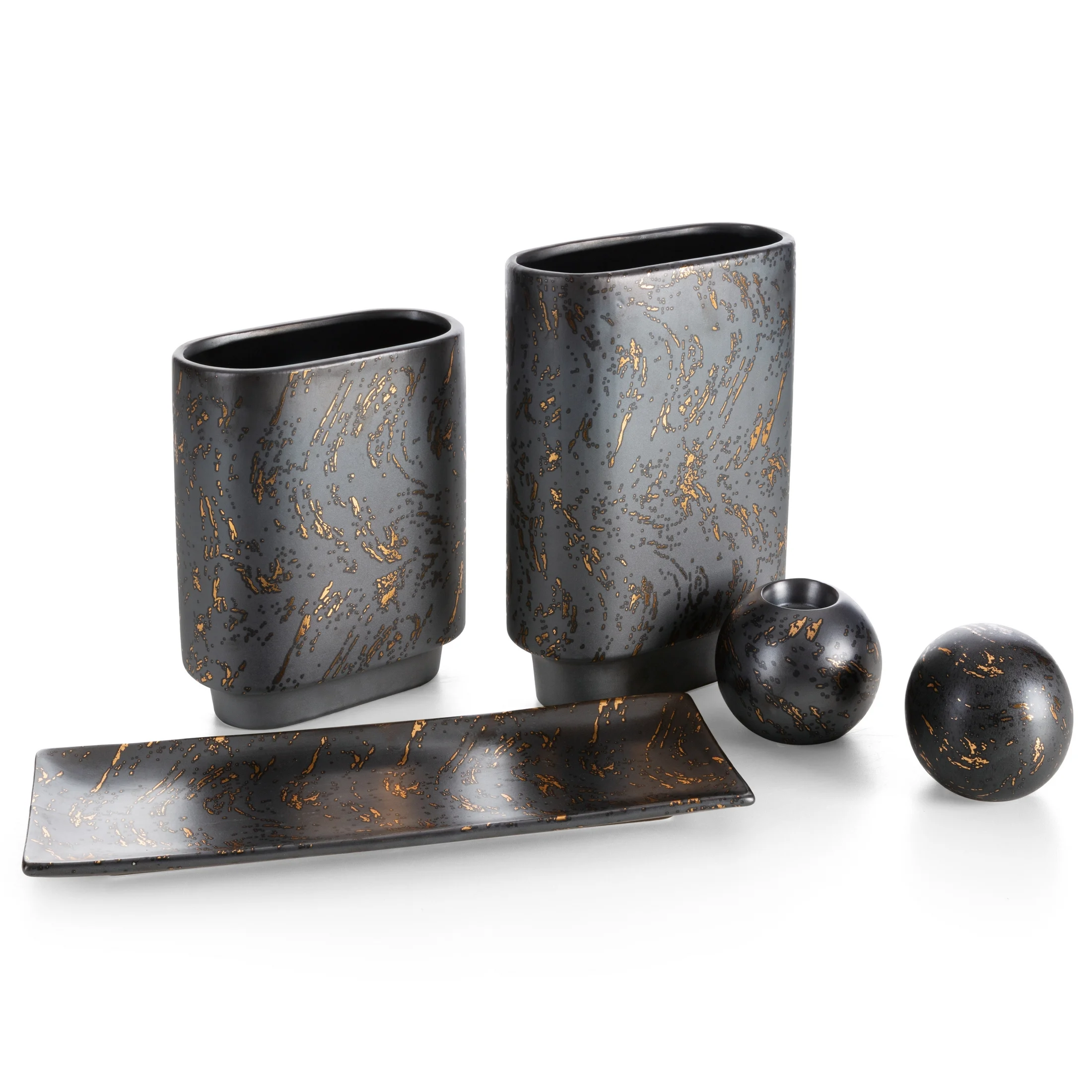 Patera ceramiczna dekoracyjna grafitowo, złota zdobiona przecieranym wzorem 38x14x4 cm ARIELA Eurofirany