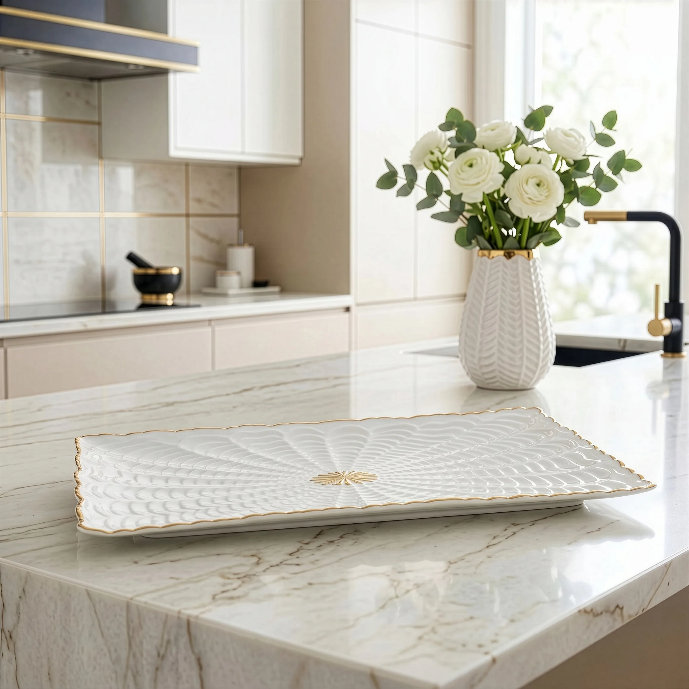 Patera ceramiczna dekoracyjna kremowo-złota z wypukłym wzorem 32x19x3 cm GAIA Eurofirany