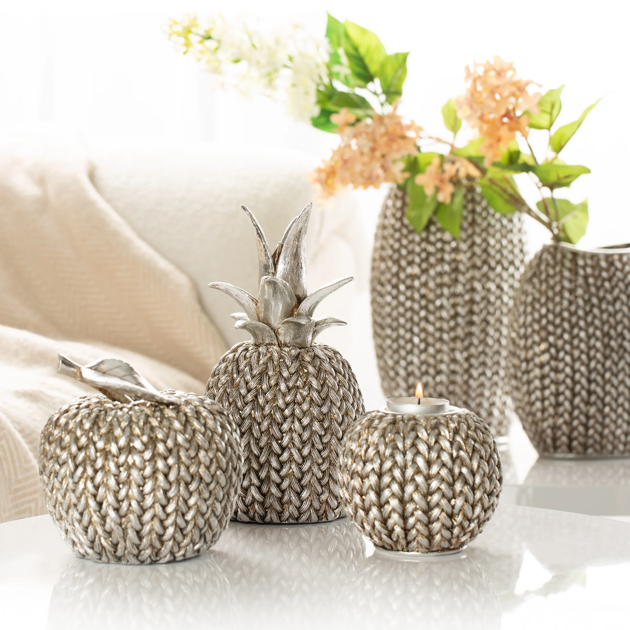 Patera dekoracyjna srebrna zdobiona wzorem plecionego sweterka 29x16x3 cm MOLI Eurofirany