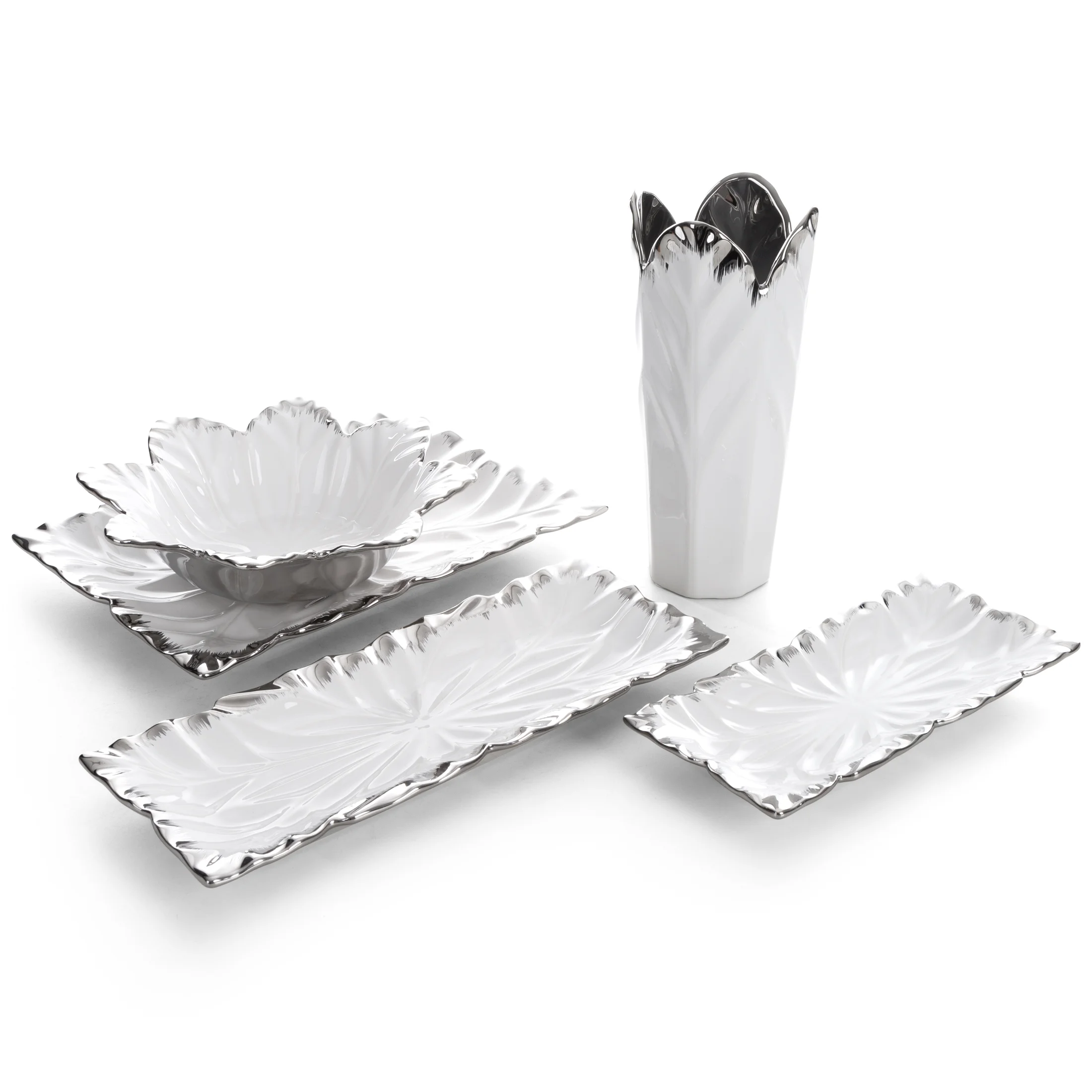 Patera ceramiczna dekoracyjna biało-srebrna zdobiona wypukłym wzorem 35x26x3 cm NIRA Eurofirany
