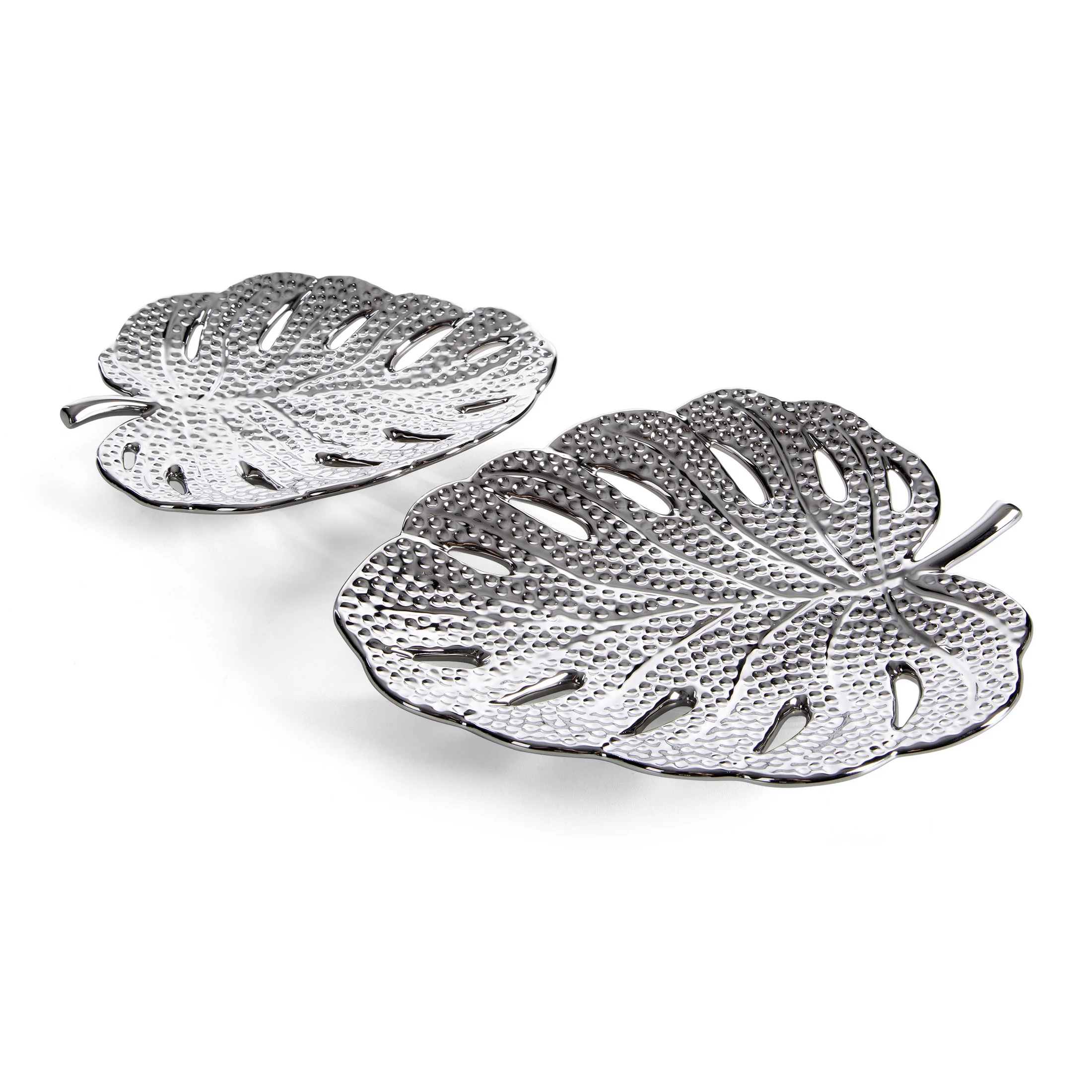 Patera dekoracyjna srebrna w kształcie liścia monstery 20x15x3 cm KARLO Eurofirany