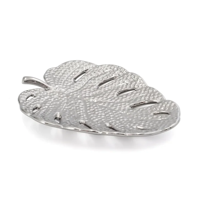 Patera dekoracyjna srebrna w kształcie liścia monstery 20x15x3 cm KARLO Eurofirany