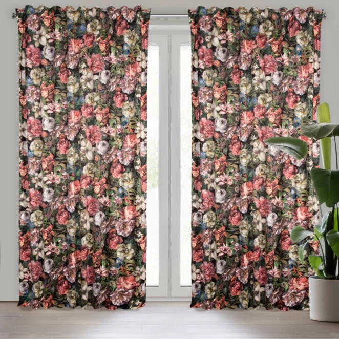 Zasłona bordowo, zielona ze wzorem kwiatowym z welwetu 140x270 cm taśma/szelki PEONIA Eurofirany