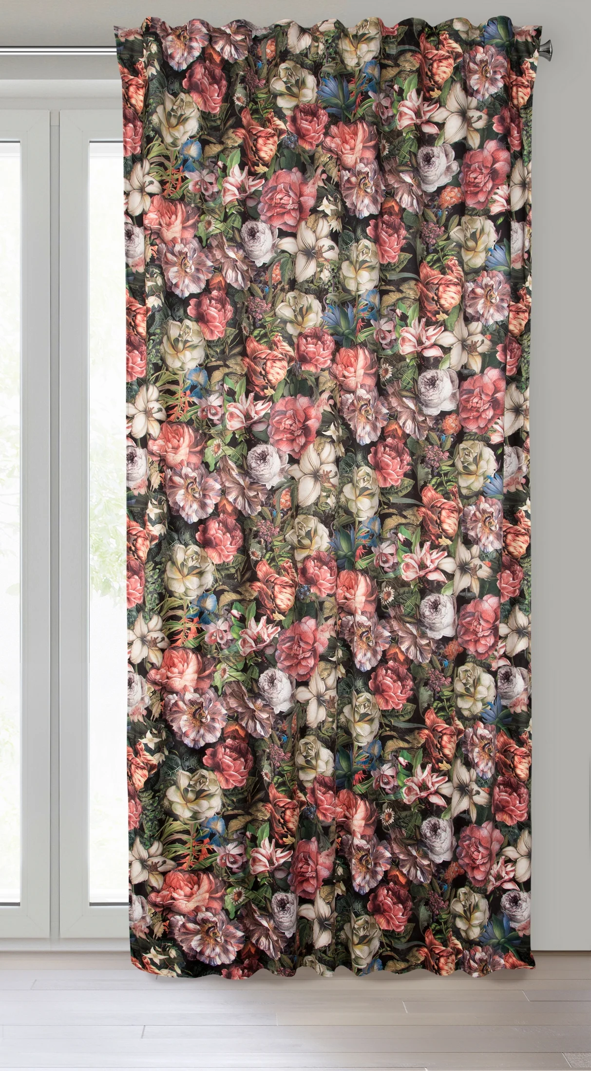 Zasłona bordowo, zielona ze wzorem kwiatowym z welwetu 140x270 cm taśma/szelki PEONIA Eurofirany